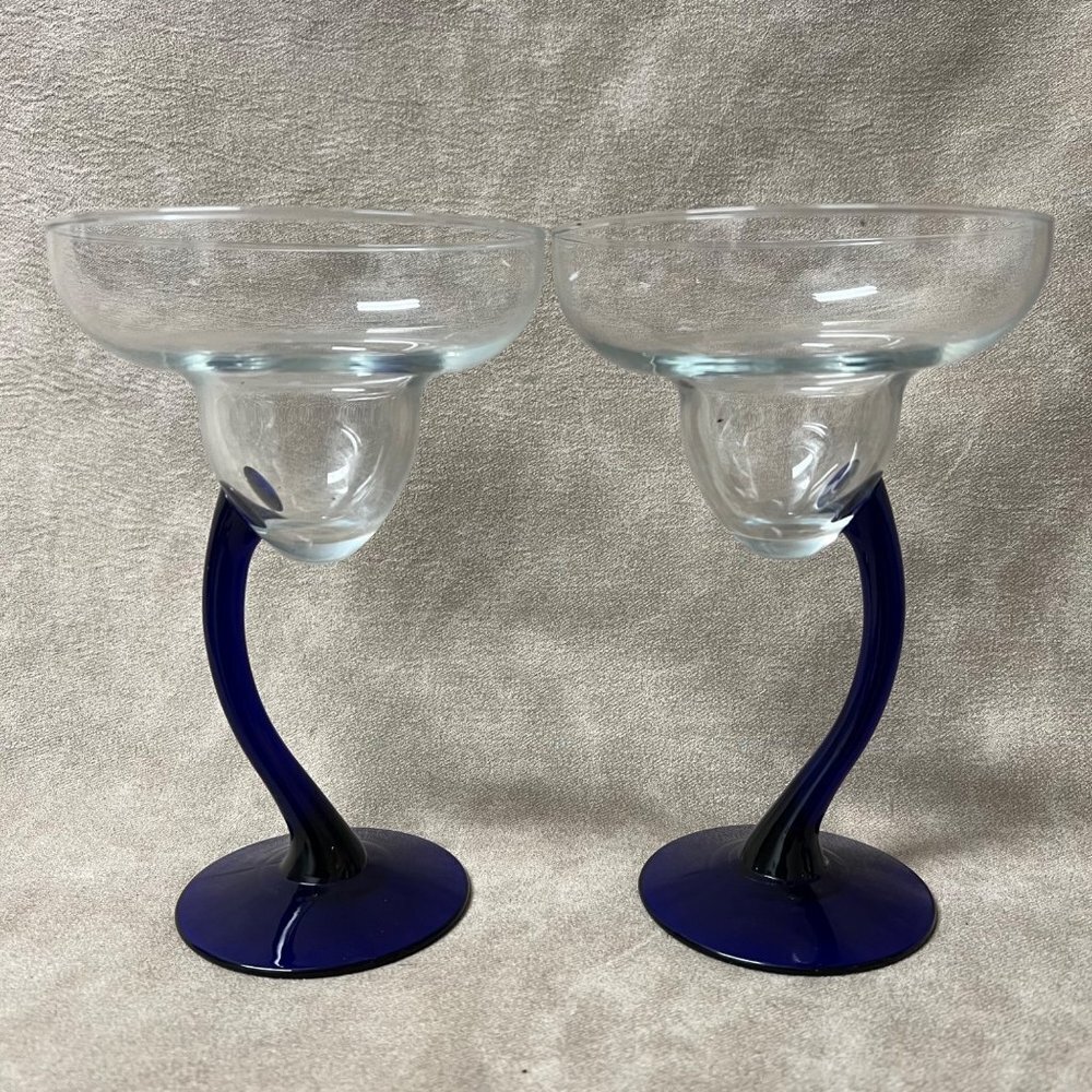 LIBBEY Cobalt Blue 2 BRAVURA Margarita Champagne Curved Stem Glasses 7 1/4 "